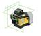 Laser device with three green, right-angled laser lines for precise measurements. Compact, handy design with control elements on the side.