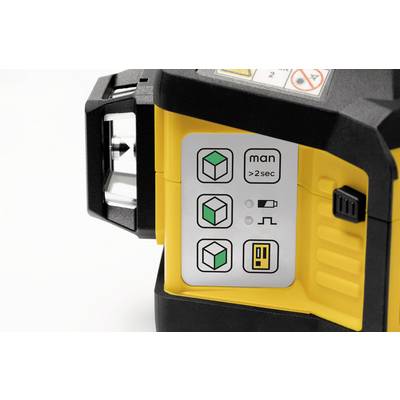 Close-up of an electronic device with a yellow casing and control panel. Symbols indicate operating modes: cube, arrow, and USB connection.