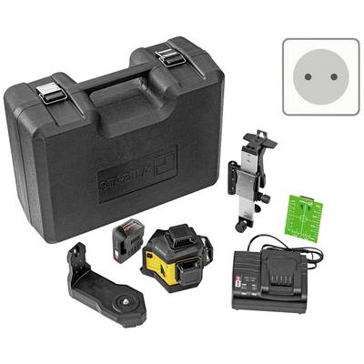 Laser level set with transport case, laser device, mounting bracket, battery, charger and target board. Ideal for precise levelling.