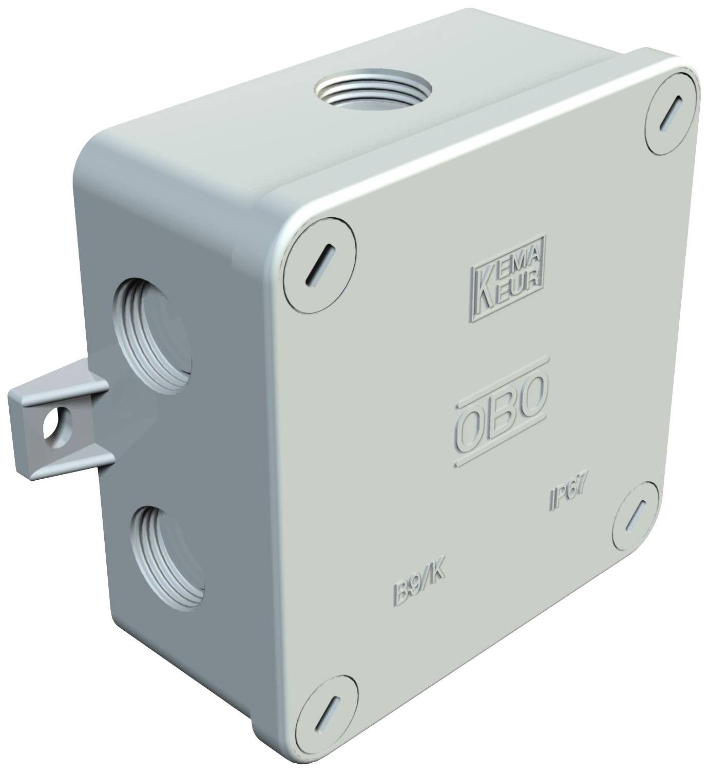 A rectangular, grey junction box with side openings and mounting tabs, suitable for electrical installations.