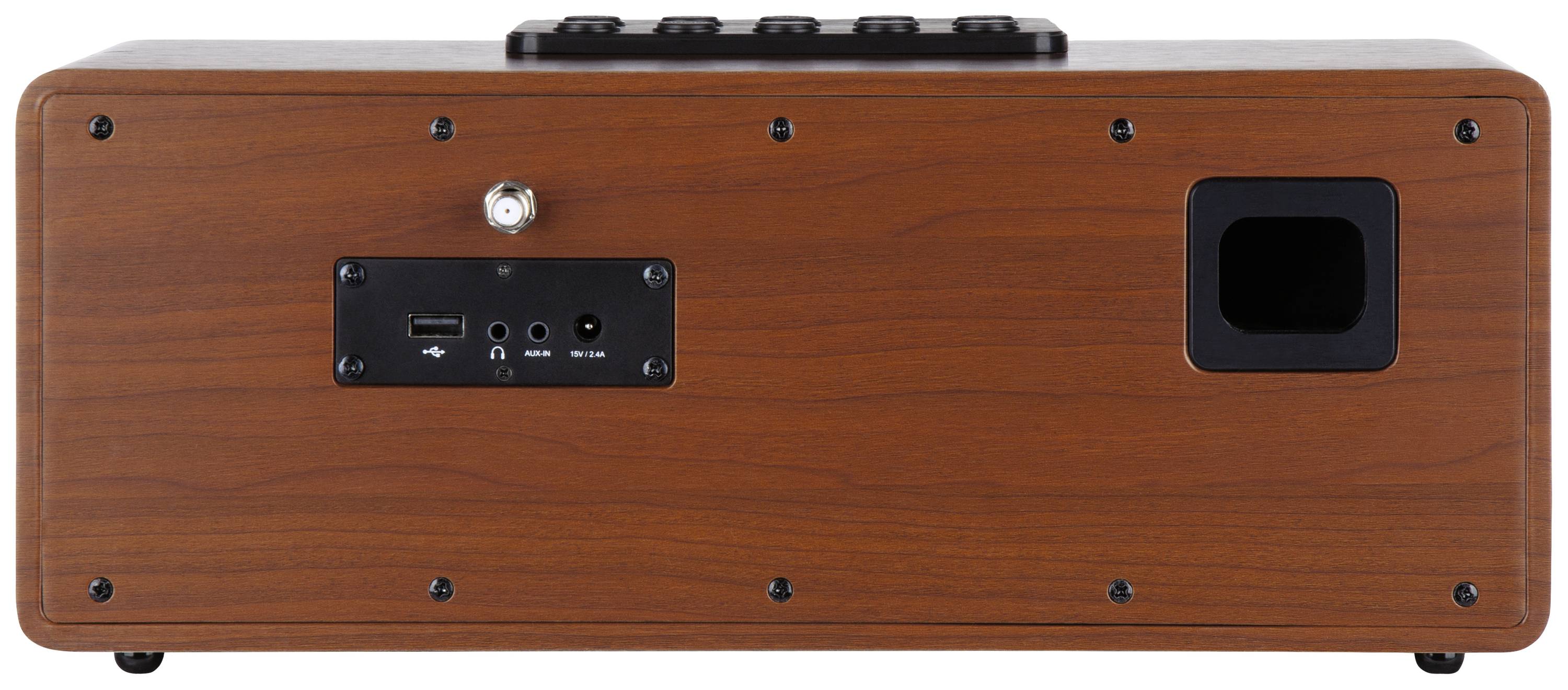 Back of a brown wooden speaker with various connections and a bass reflex port on the right side.