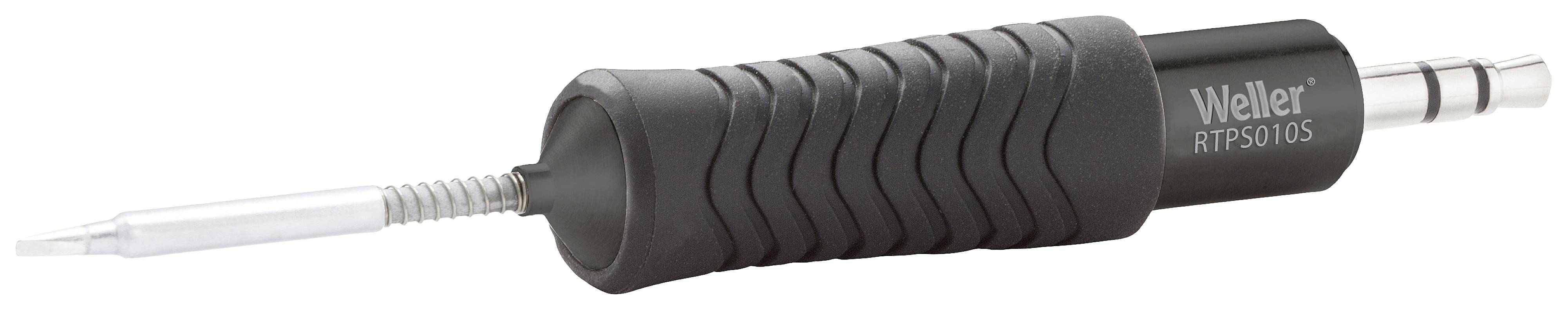 Soldering iron with black handle and silver tip, printed with 'Weller RTP S 010 S' on the handle. Designed for precise soldering.