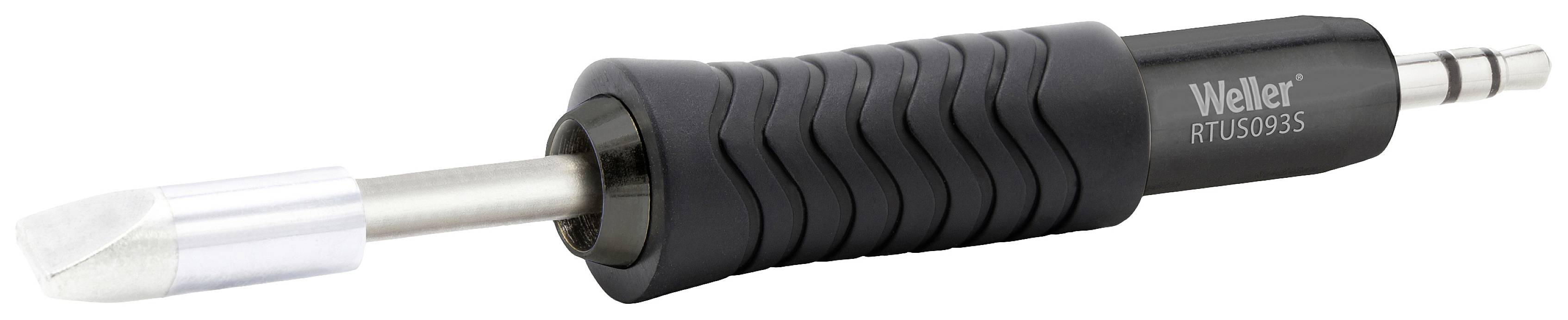 A black soldering iron with an ergonomic handle and silver tip, bearing the inscription 'Weller RTU 5MS S' on it.