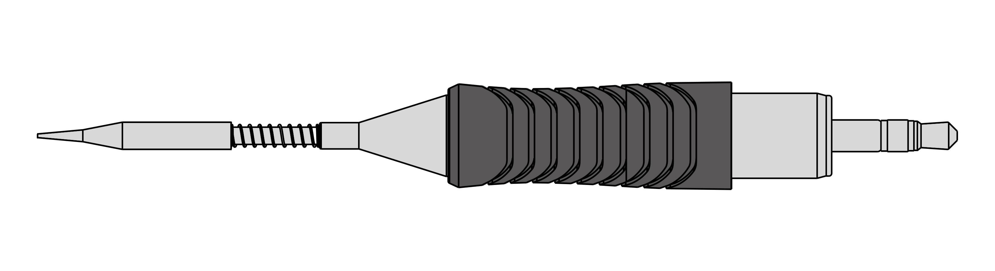 Illustration of a jack plug with a knurled grip and spring-like cable strain relief on a cable.
