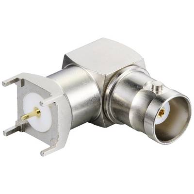 A metallic RF connector with a right-angled design, suitable for electrical connections in communication devices.