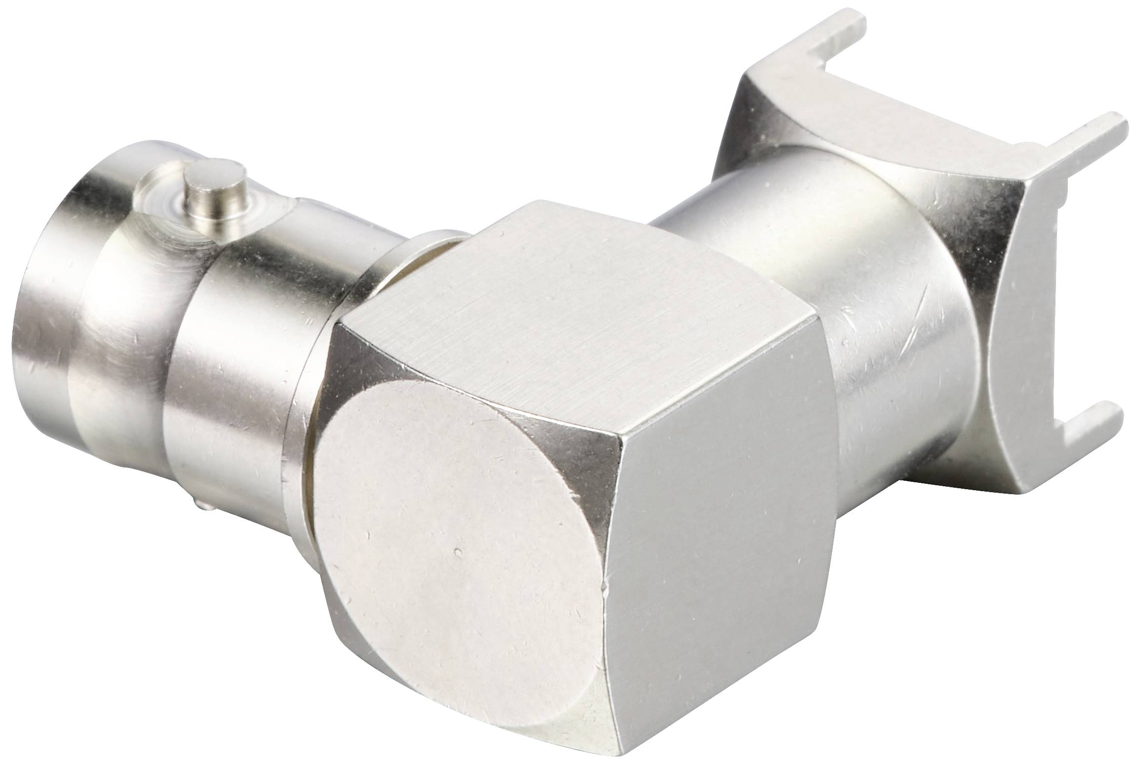 A metal L-shaped pipe section with an angle and round and square ends on a white background.