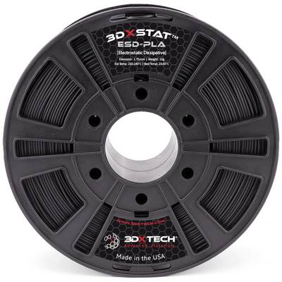 A dark 3D printer filament reel with the inscription '3DXSTAT ESD-PLA', anti-static, diameter 1.75mm, weight 1kg.