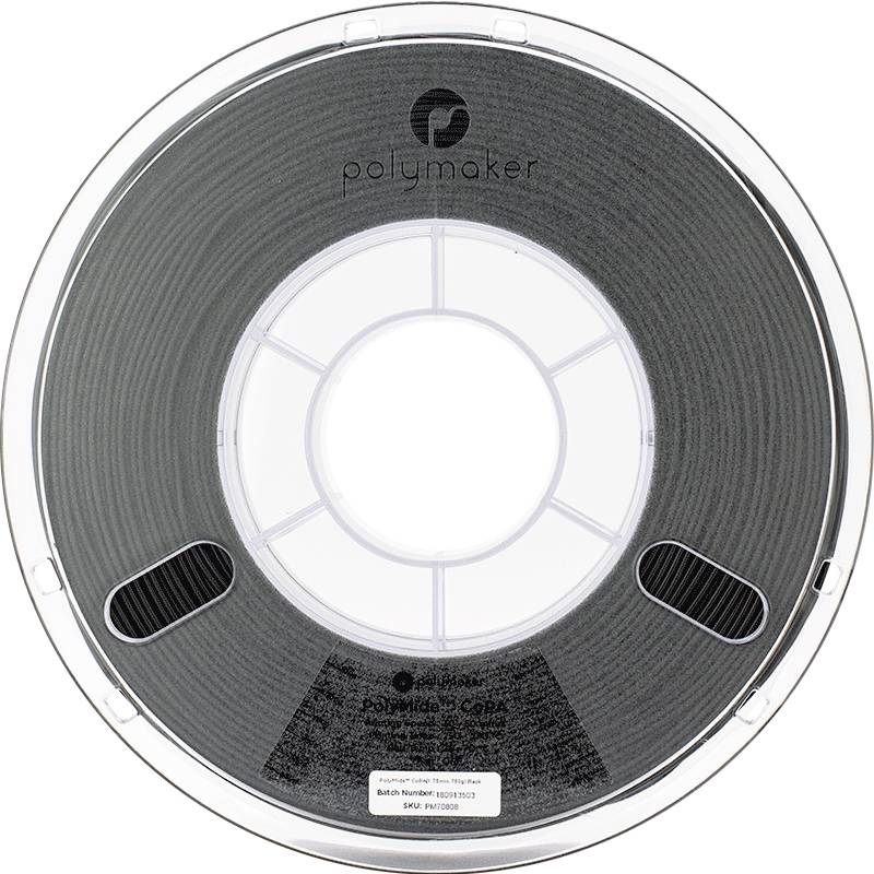Black 3D printer filament spool by Polymaker, visible through transparent plastic cover.