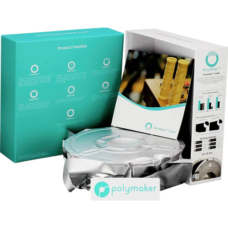 Packaging of Polymaker 3D printing filaments, showing box details and a PolyMid® filament reel. Ideal for advanced 3D printing applications.