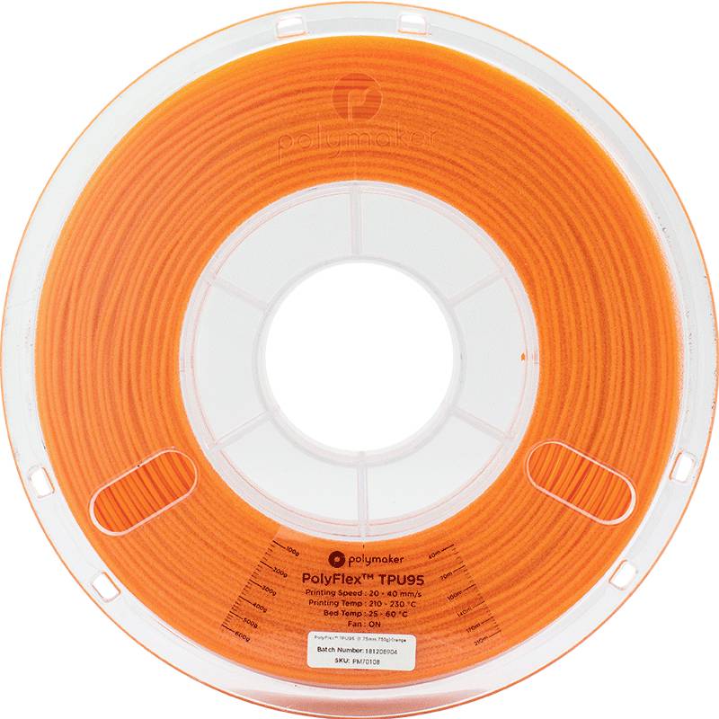An orange 3D printer filament spool of PolyFlex TPU95, suitable for printing temperatures of 190-230°C, with batch number 2109204013.