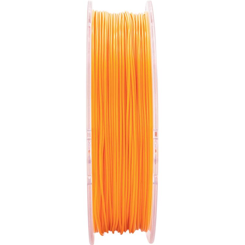 An orange filament spool for 3D printers, shown standing upright.