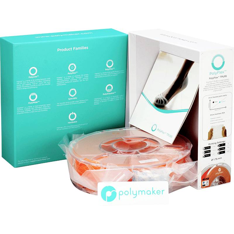 Packaging for PolyFlex 3D printer filament, showing a reel of orange material, with product information and usage instructions alongside.