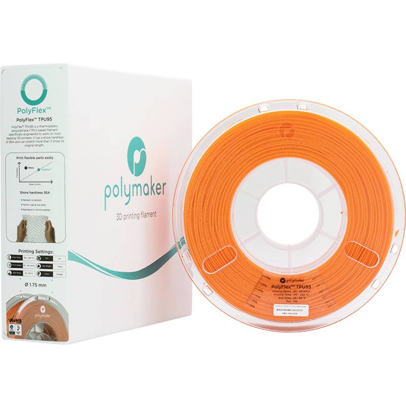 3D printer filament by Polymaker, PolyFlex TPU95 in Orange. Packaging displays product details and recommended print settings.