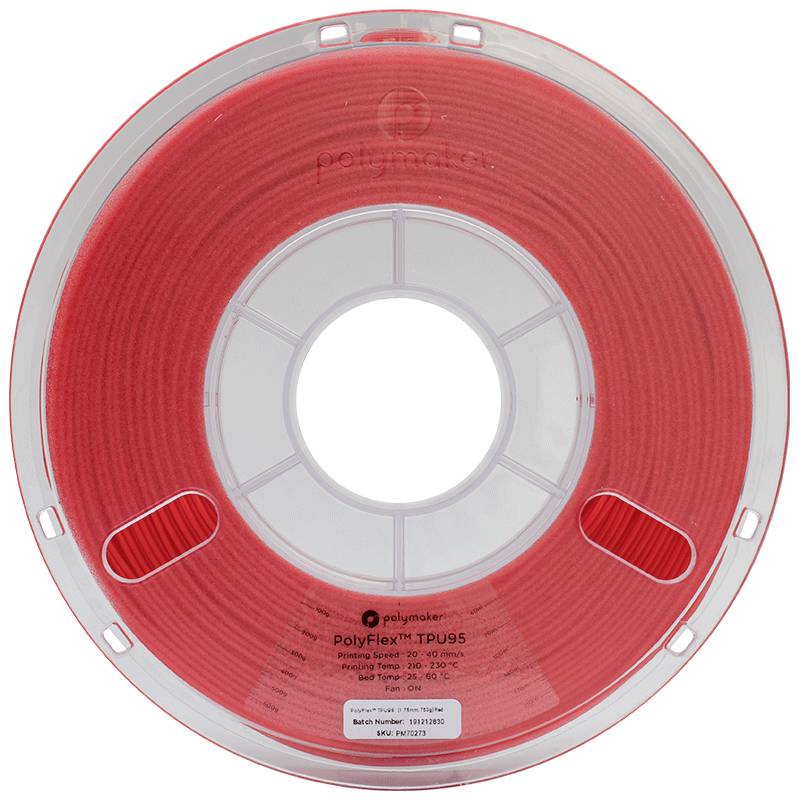 A red roll of 3D printer filament. Label reads: 'PolyFlex TPU95', 'Print temperature: 210-230°C'. Manufacturer's logo visible.