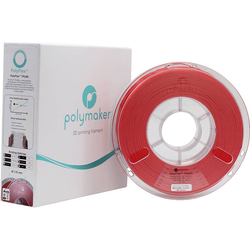Packaging and reel of red 3D printer filament by Polymaker, model PolyFlex TPU95.