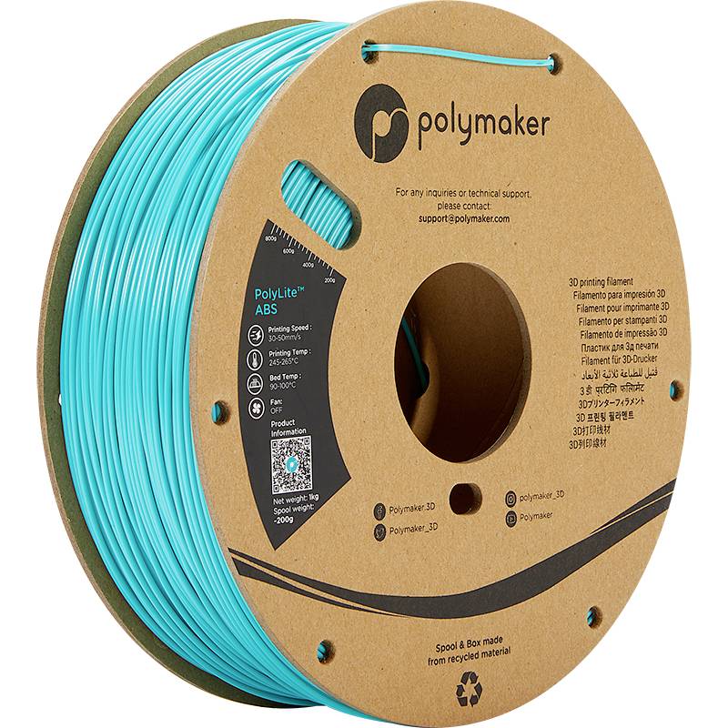 A reel of turquoise 3D printer filament by the brand 'Polymaker', model 'PolyLite ABS', packaged on a cardboard spool.