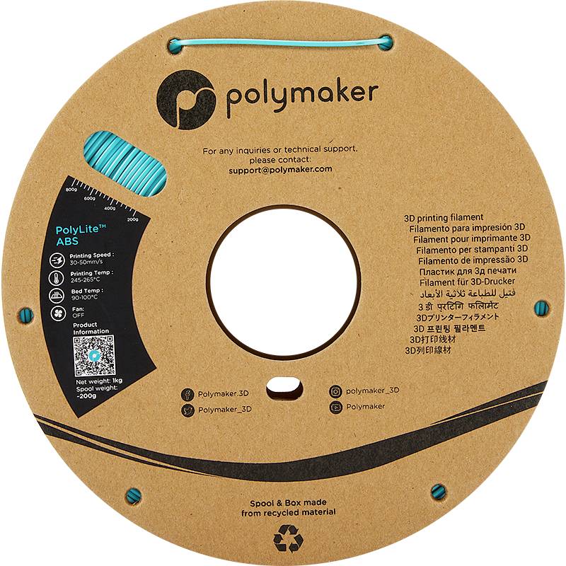 Round cardboard spool with blue filament, print in multiple languages about 3D printing and materials, logo at the top, recyclable.