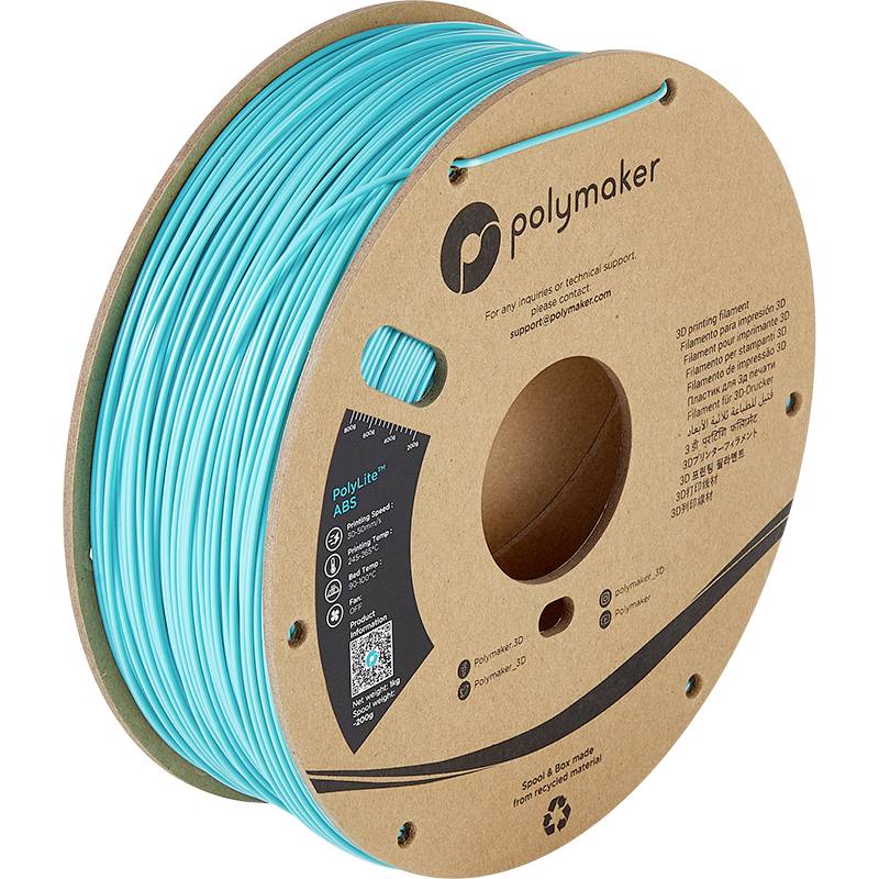 A spool of blue ABS 3D printer filament from Polymaker. Cardboard packaging with product information and recycling symbol.