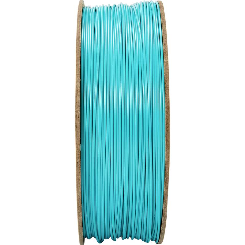 Spool with turquoise filament used for 3D printing.