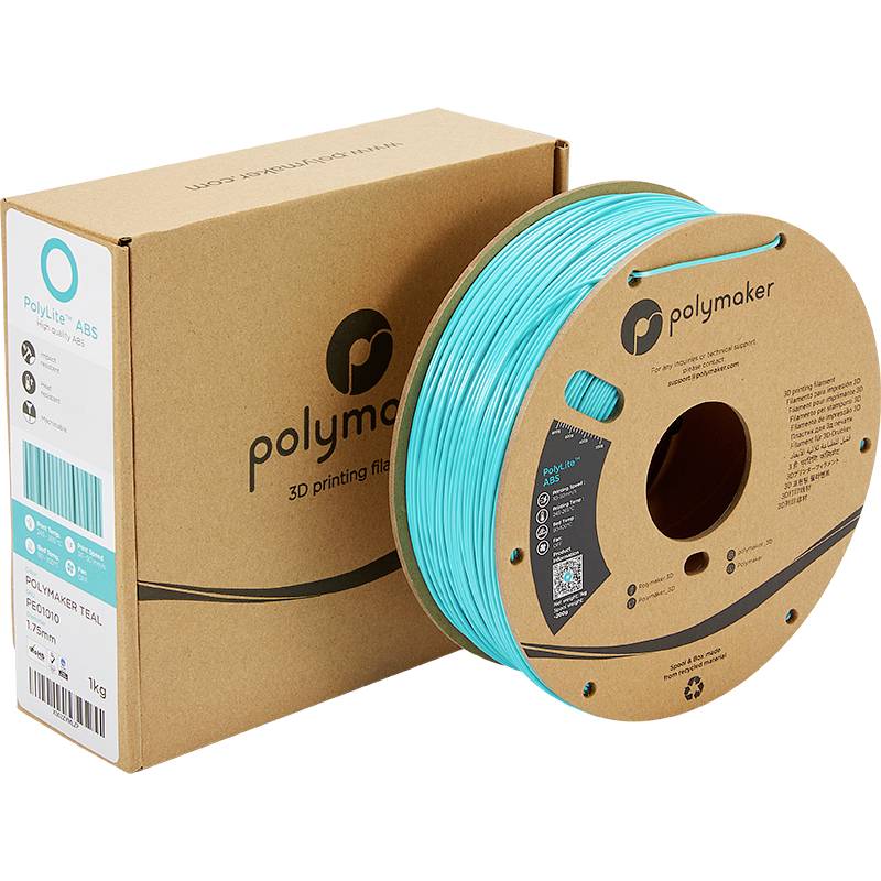 A reel of turquoise 3D printer ABS filament from Polymaker, next to a brown packaging.