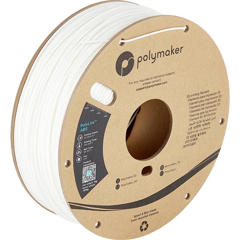 White 3D printer filament reel by Polymaker, with brand logo and recycling symbol visible on the packaging.