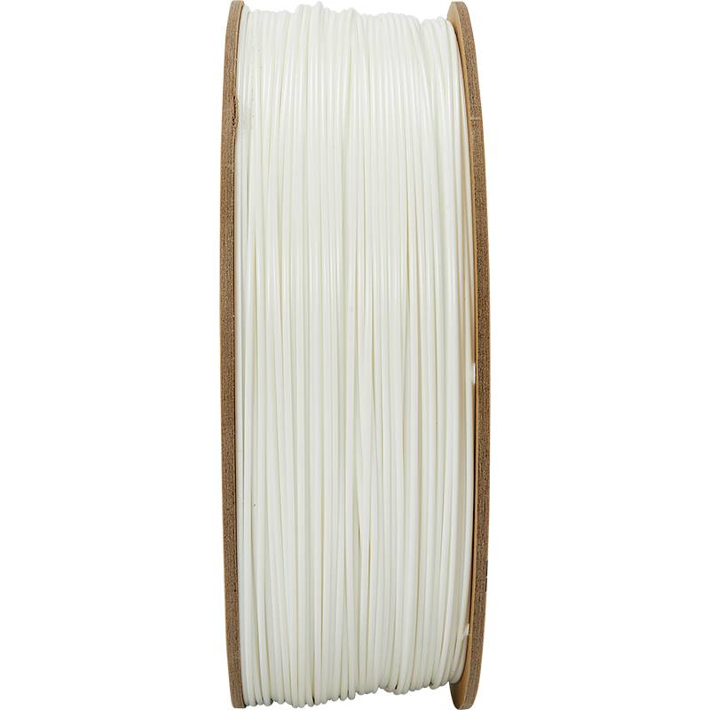 A reel of white 3D printer filament, viewed from the side, evenly wound, against a neutral background.
