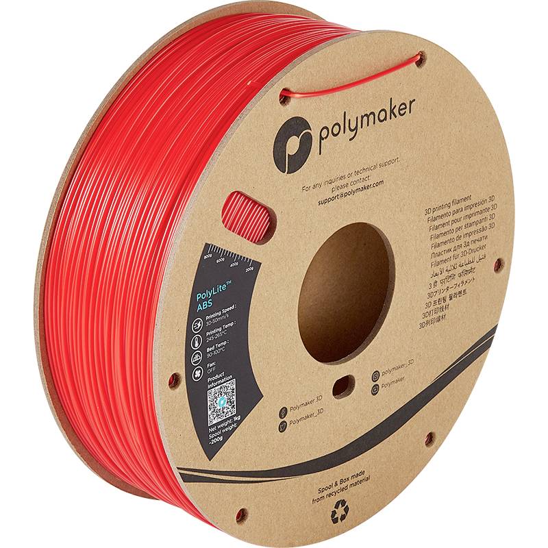 'Reel of Polymaker ABS Filament in Red, suitable for 3D printers. Cardboard packaging with recycling symbol.'