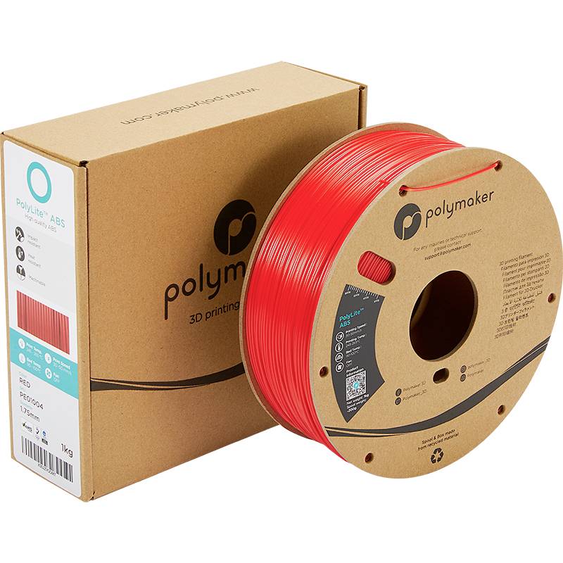 Red 3D printer filament reel by Polymaker made of ABS, lying on a cardboard box. The packaging displays product information and logo.