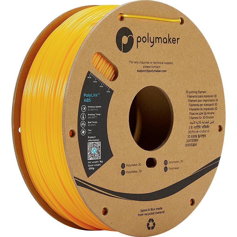 'Orange Polymaker 3D printer filament on a cardboard spool, with details about material, manufacturer, and recycled packaging material.'