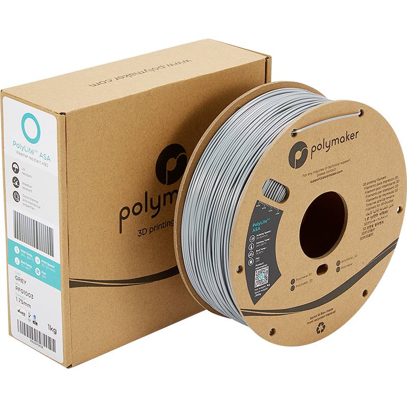 Grey 3D printer filament reel 'PolyLite ASA' beside a brown packaging with a blue label from the Polymaker brand.