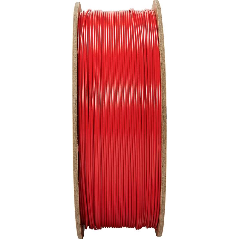 A reel of red plastic filament for 3D printers, wound on a wooden spool.