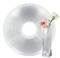 A transparent filament spool with a white, modern vase container holding a pink and a white flower.