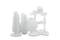 White 3D-printed models in various geometric shapes, including gears and vases, stand on a white surface.