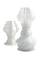 Two decorative, twisted glass vessels in different sizes, transparent and whitish, against a white background.