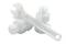 A transparent plastic spanner lies on two large, white screws with ridged heads.