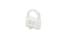 A semi-transparent padlock made of white plastic against a white background.