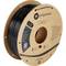 A brown spool with black 3D printer filament made of PETG from Polymaker. Contains QR code and contact information on the label.