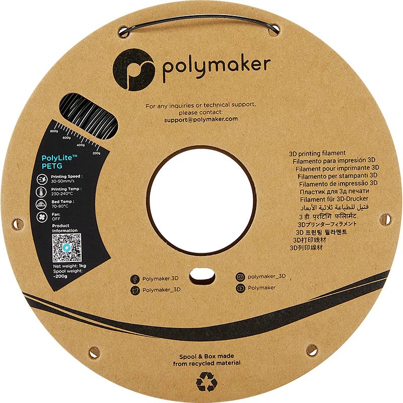 A spool made from recycled cardboard containing 'PolyLite PETG' 3D printing filament in black. Brand: Polymaker. Contact details are available.