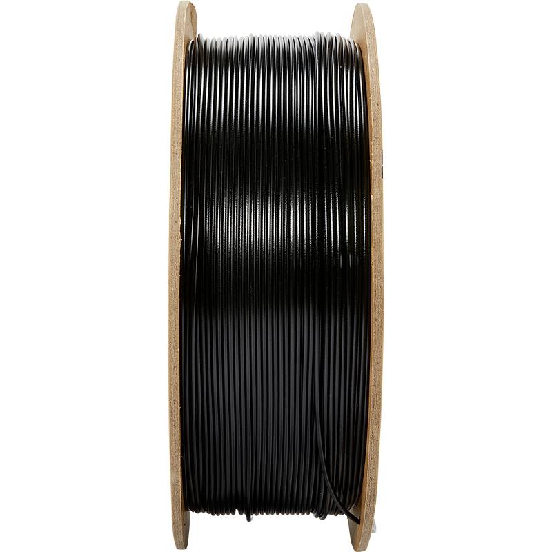 A black plastic spool wound on a wooden reel is shown from a side view.