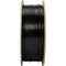 A black plastic spool wound on a wooden reel is shown from a side view.