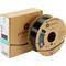 A spool of black 3D printer filament made from PETG in a brown cardboard packaging. Brand: Polymaker. Weight: 1 kg.