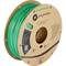 Green PETG filament reel by Polymaker for 3D printers, mounted on a cardboard spool. Contains manufacturer and contact information.