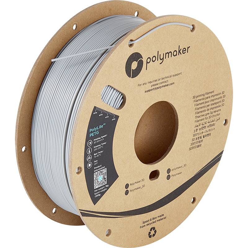 A spool of grey 3D printer filament by Polymaker. The spool is manufactured from recyclable material and features several labels.