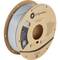 A spool of grey 3D printer filament by Polymaker. The spool is manufactured from recyclable material and features several labels.
