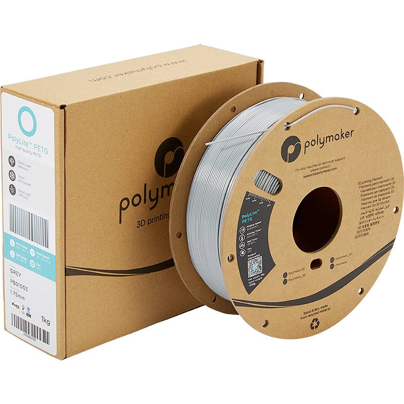 A reel of grey 3D printer filament next to a brown packaging with the label 'Polymaker'.