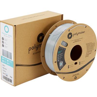 A reel of grey 3D printer filament next to a brown packaging with the label 'Polymaker'.