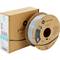 A reel of grey 3D printer filament next to a brown packaging with the label 'Polymaker'.