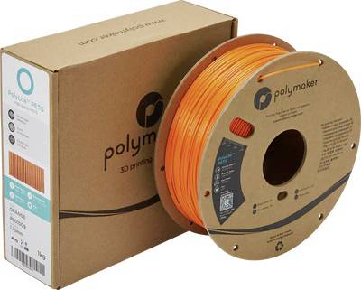 A roll of orange 3D printer filament made from PETG material, packaged in a brown cardboard box with the Polymaker logo.