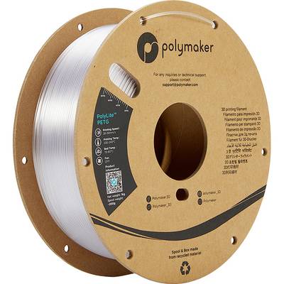 PolyLite PETG 3D Printer Filament Spool in cardboard packaging with technical details and contact information printed on it.