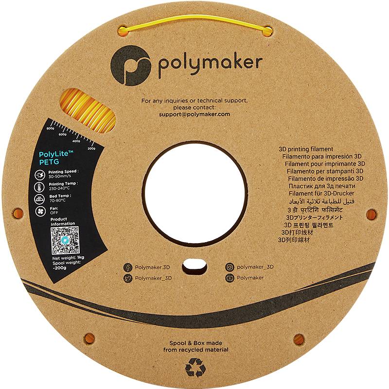 'Polymaker PolyLite PETG' Filament Spool, containing 1 kg of orange filament for 3D printers, manufactured from recycled material.